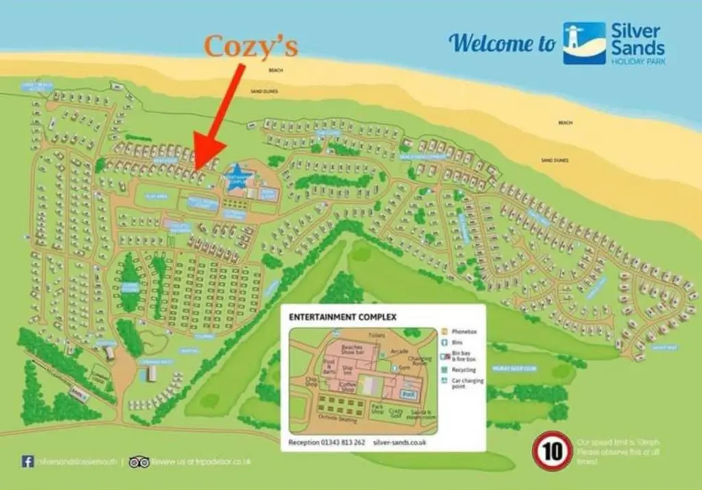 a map of a resort with a red arrow at Cozy\u2019s caravan hire in Lossiemouth