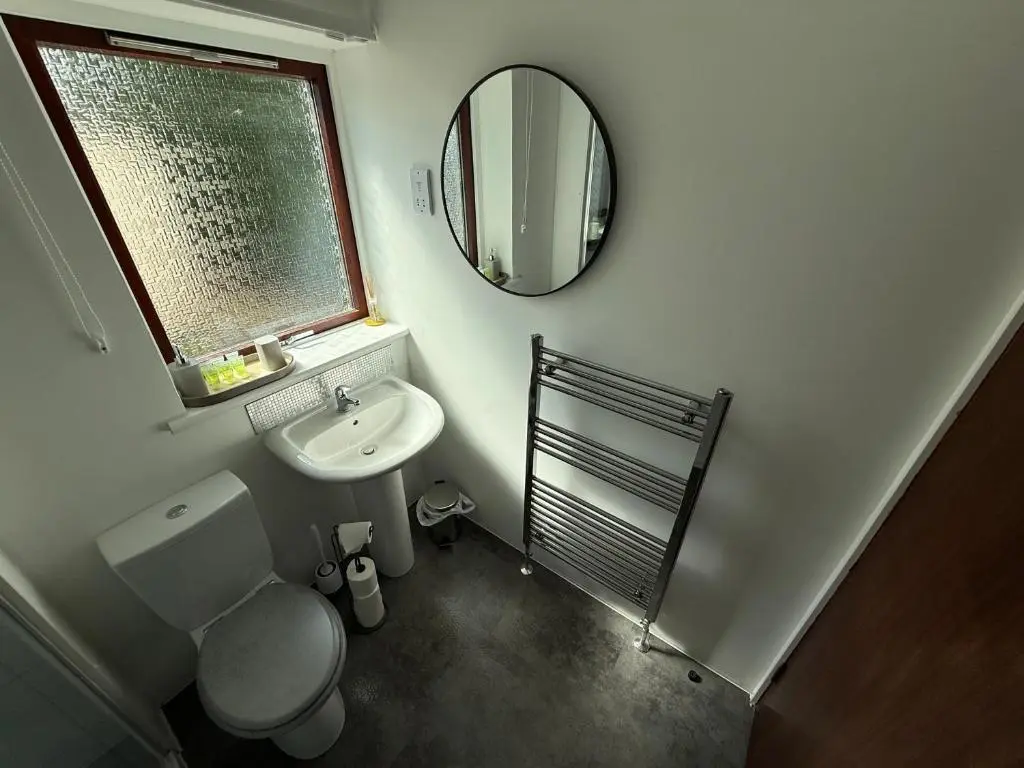 a bathroom with a toilet and a sink and a mirror at Meggies Place in Inverness