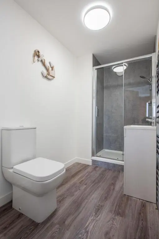 a white bathroom with a toilet and a shower at Apartment Harbour Nights 4 by Interhome in Lossiemouth