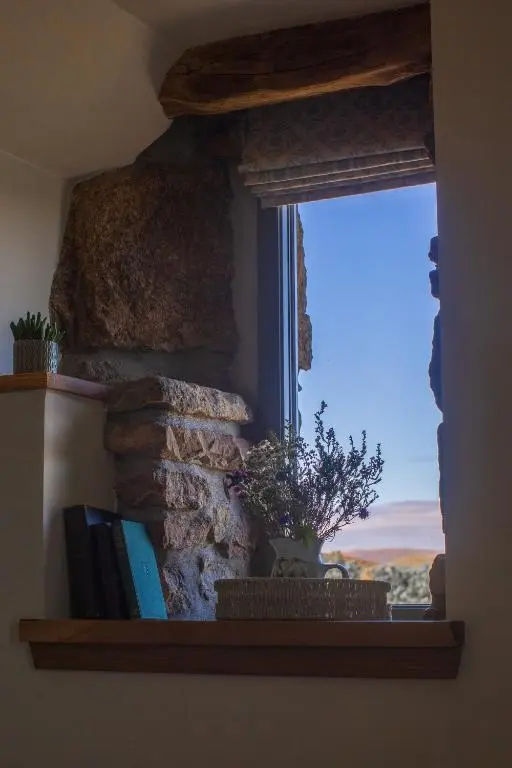 a window in a room with a book shelf with books at The Stable Bothy in Rogart