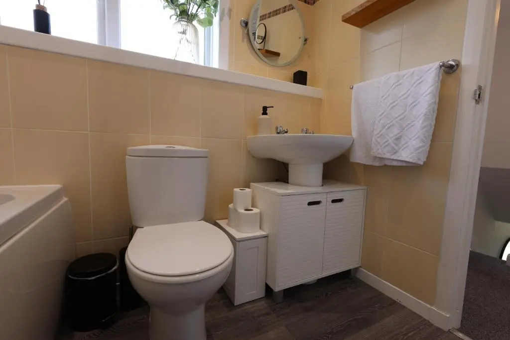 a bathroom with a toilet and a sink at Stylish Highland Home in South Kessock