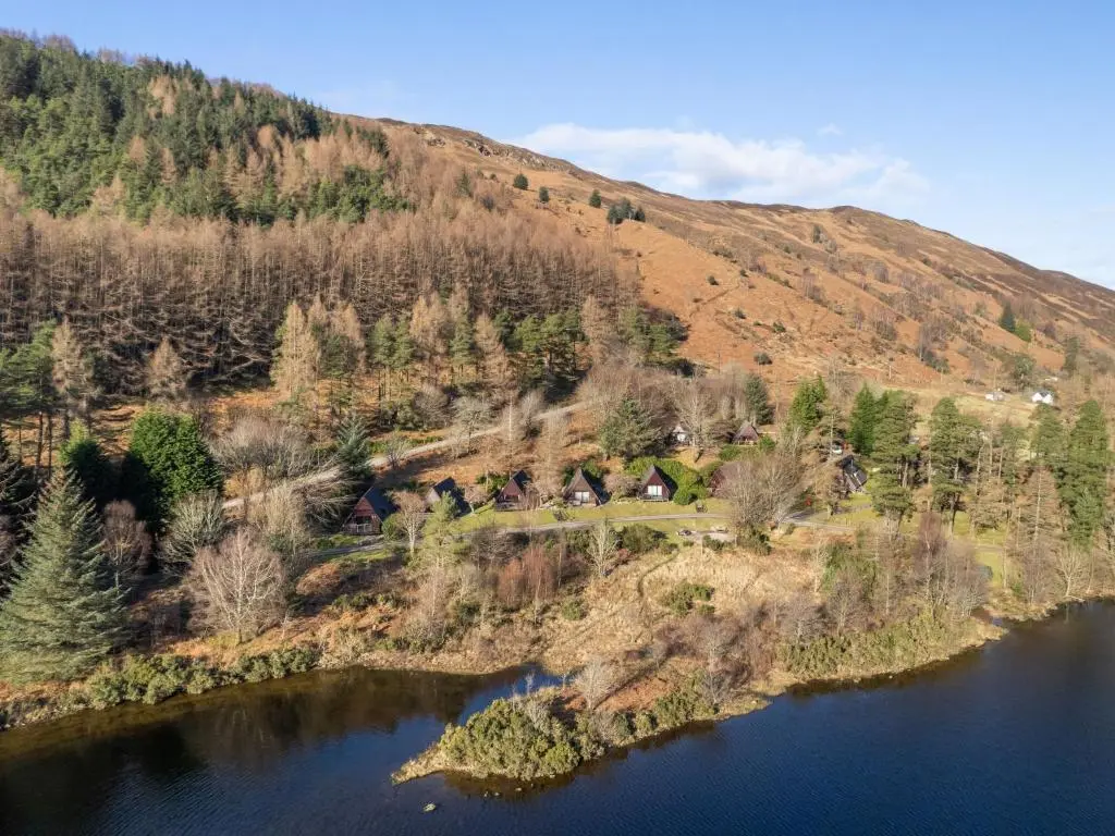 an aerial view of a lake with a mountain at Chalet Loch Lochy Retreat by Interhome in Spean Bridge