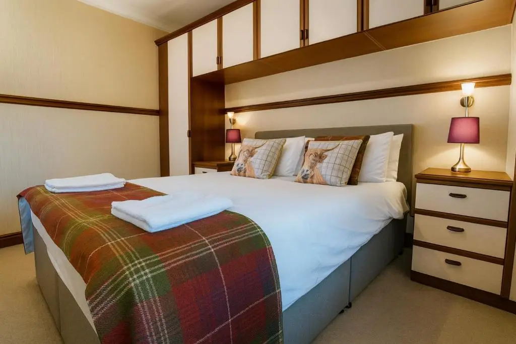 a bedroom with a large bed with a wooden headboard at Tanera in Inverness