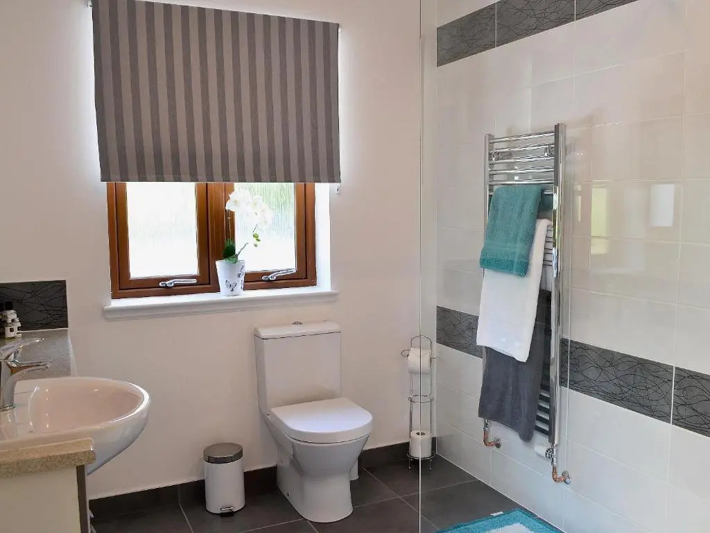 a bathroom with a toilet and a sink and a window at Mountshade in Finzean