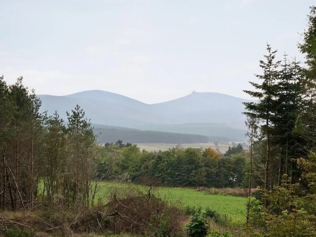a view of a field with mountains in the distance at Cairn View in Strachan