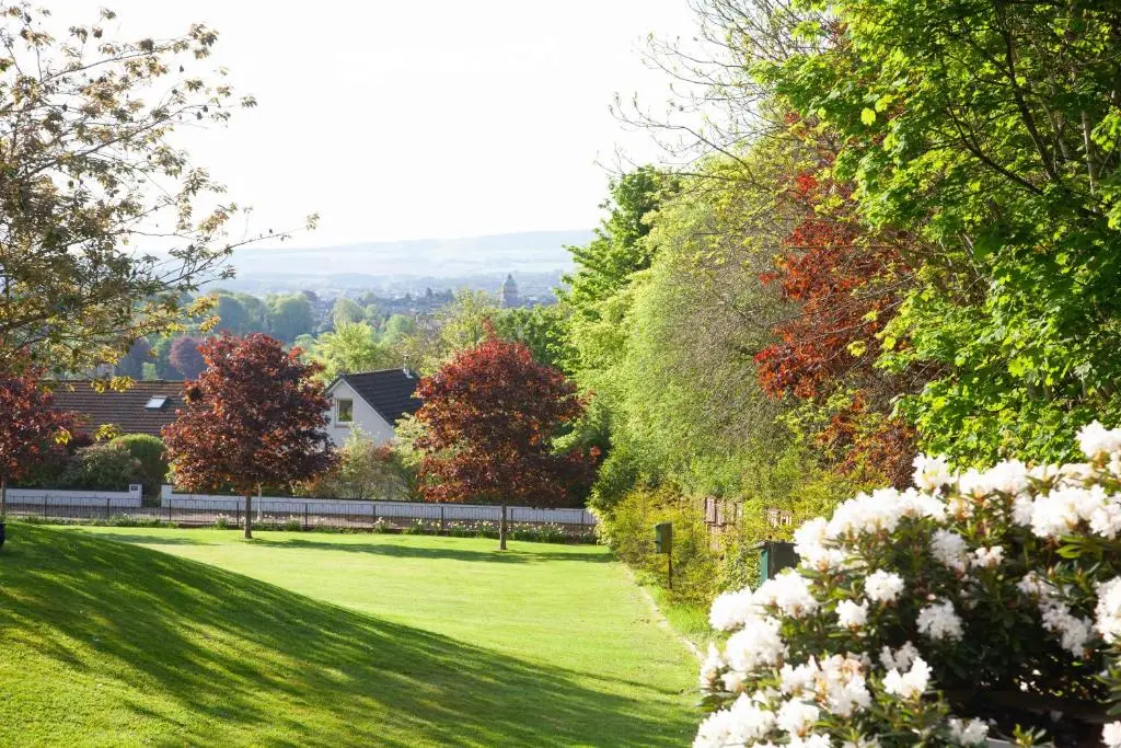 a green lawn with trees and flowers in a yard at Drumfin Cottage in Elgin
