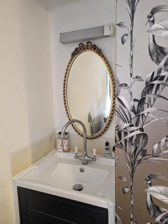 a bathroom with a sink and a mirror at Selkie House Sea Song in Helmsdale