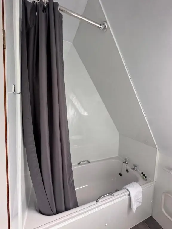 a bath tub with a shower curtain in a bathroom at Glen Lodges Rogart in Rogart