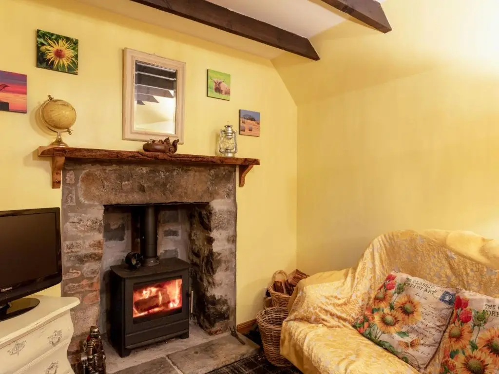 a living room with a fireplace and a tv at Holiday Home Sunflower Cottage by Interhome in Marnoch