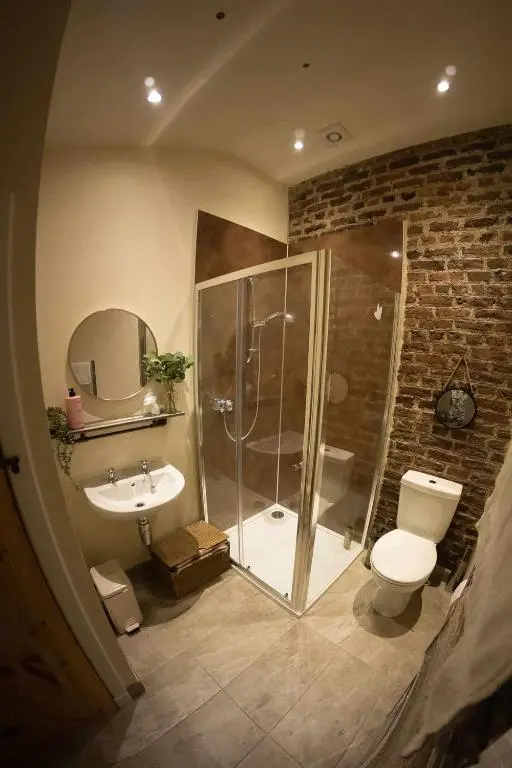 a bathroom with a shower and a toilet and a sink at The Potted Pineapple in Oyne