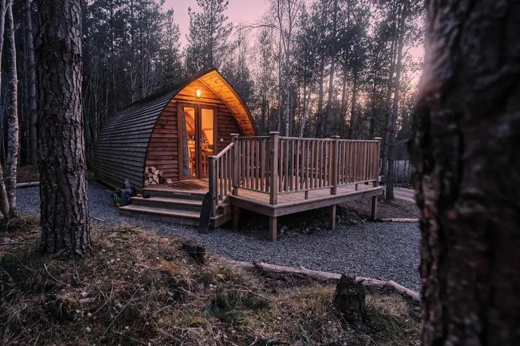 a cabin in the woods with a dog sitting on a bench at Glenlivet by Wigwam Holidays in Tomintoul