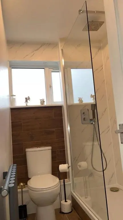 a bathroom with a toilet and a glass shower at Two Bedroom Hilton Apartment 1st floor in Inverness