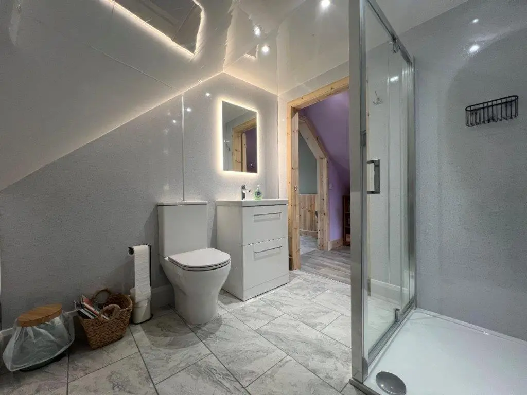 a bathroom with a toilet and a glass shower at Endeavour Guest House in Aberdeen