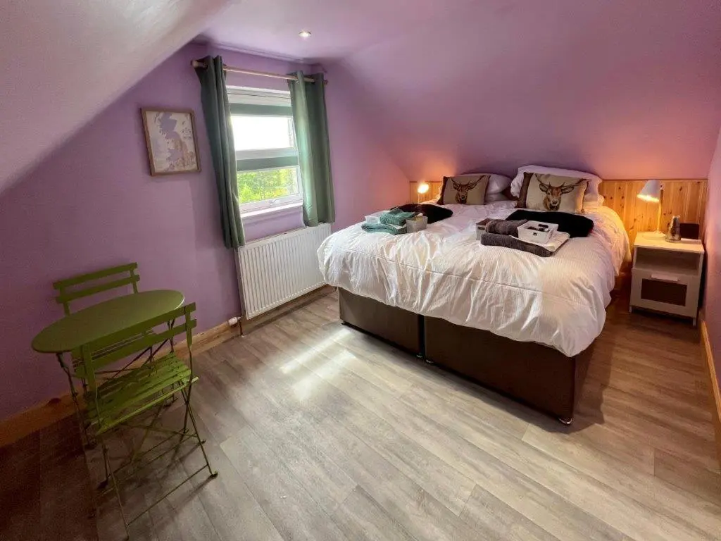 a purple bedroom with a bed and a table at Endeavour Guest House in Aberdeen