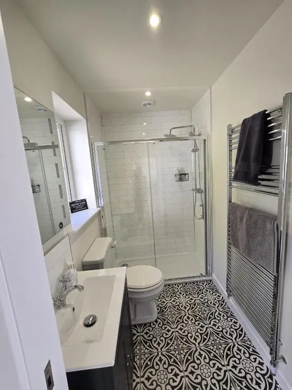 a bathroom with a shower and a toilet and a sink at Linden Cottage in Fortrose