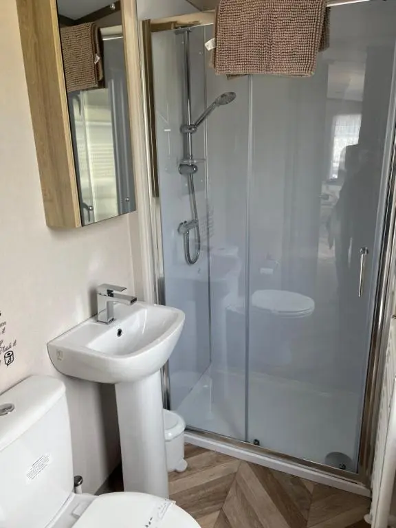 a bathroom with a shower and a sink and a toilet at 44 Angels Retreat in Boat of Garten