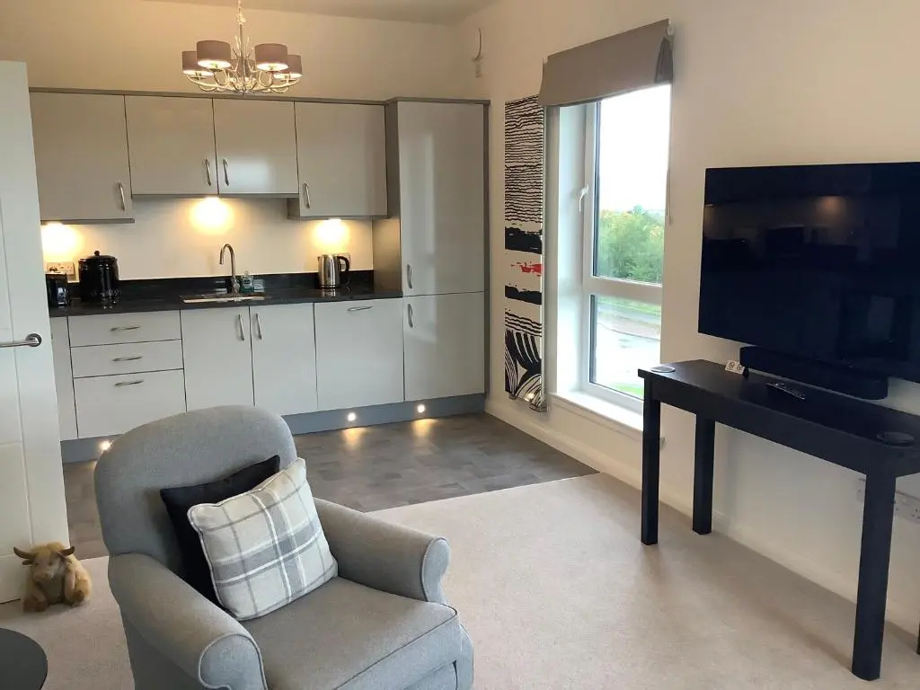 a living room with a chair and a table and a television at Amazing views of Inverness in Inverness