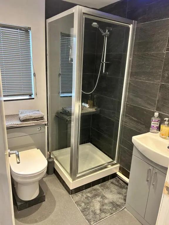 a bathroom with a shower and a toilet at One bed and bathroom with kitchen for self catering Alness in Alness