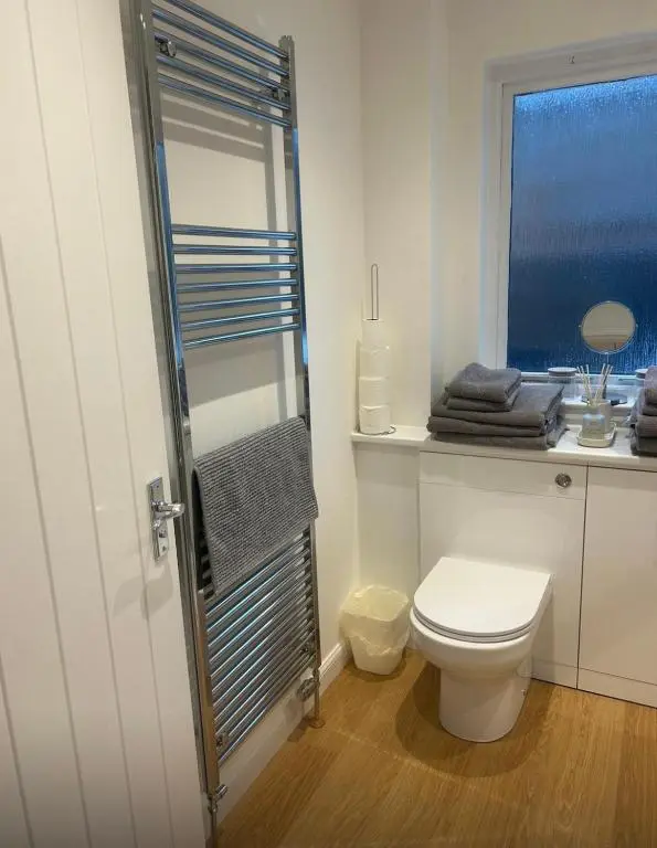 a bathroom with a toilet and a window at Balmanach Court in Beauly