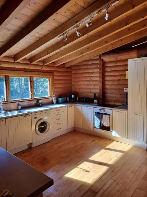 a kitchen with a washer and dryer in a cabin at Our Log House in the woods in Balnald