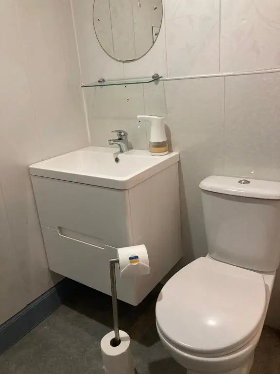 a bathroom with a toilet and a sink and a mirror at Friars Bridge Guesthouse in Inverness