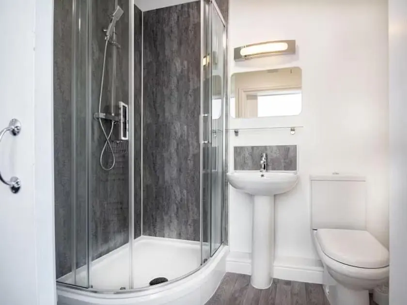 a bathroom with a shower and a toilet and a sink at 4 Lower Kessock Street in Inverness