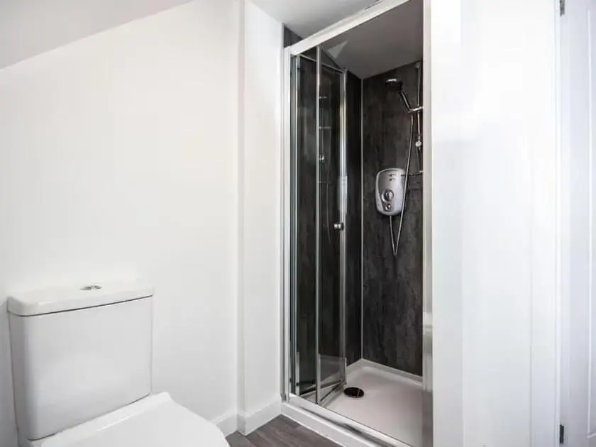 a bathroom with a glass shower with a toilet at 4 Lower Kessock Street in Inverness
