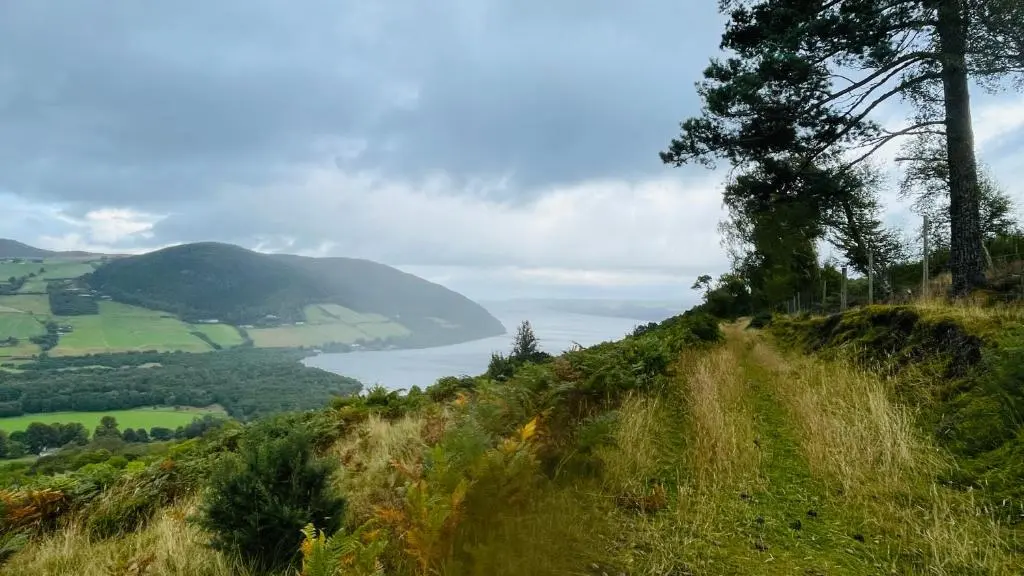 a grassy hill with a view of a body of water at Traditional Highland Cottage Near Loch Ness in Drumnadrochit