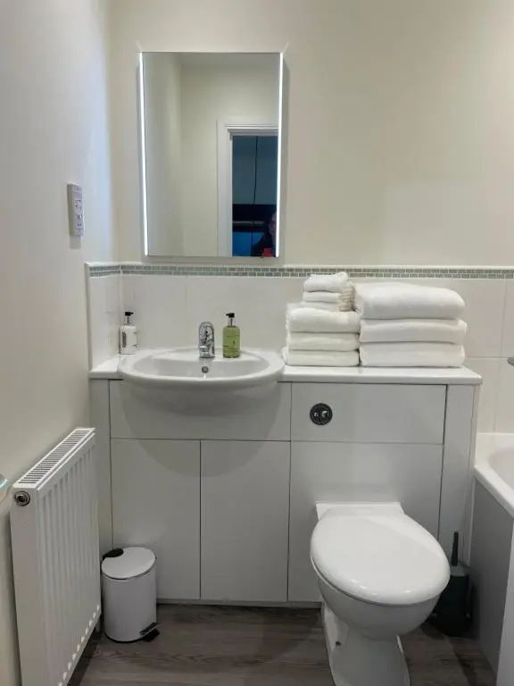 a white bathroom with a toilet and a sink at Inverness Retreat in Inverness