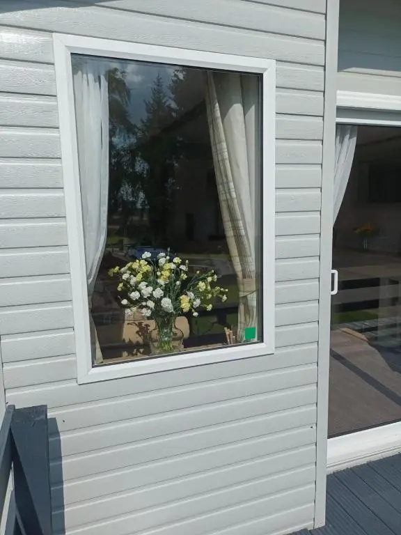 a window of a house with a vase of flowers at Lynmar retreat No 35 in Dornoch