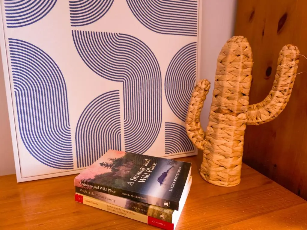 a stack of books sitting on a floor next to a cactus at Schoolhouse in Laggan