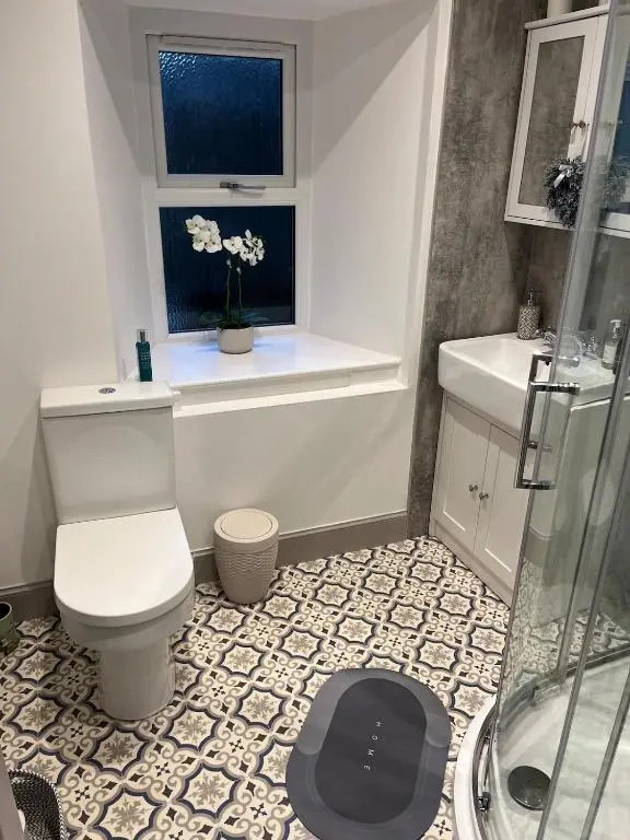a bathroom with a toilet and a sink and a window at Willow's Cottage in Auldearn