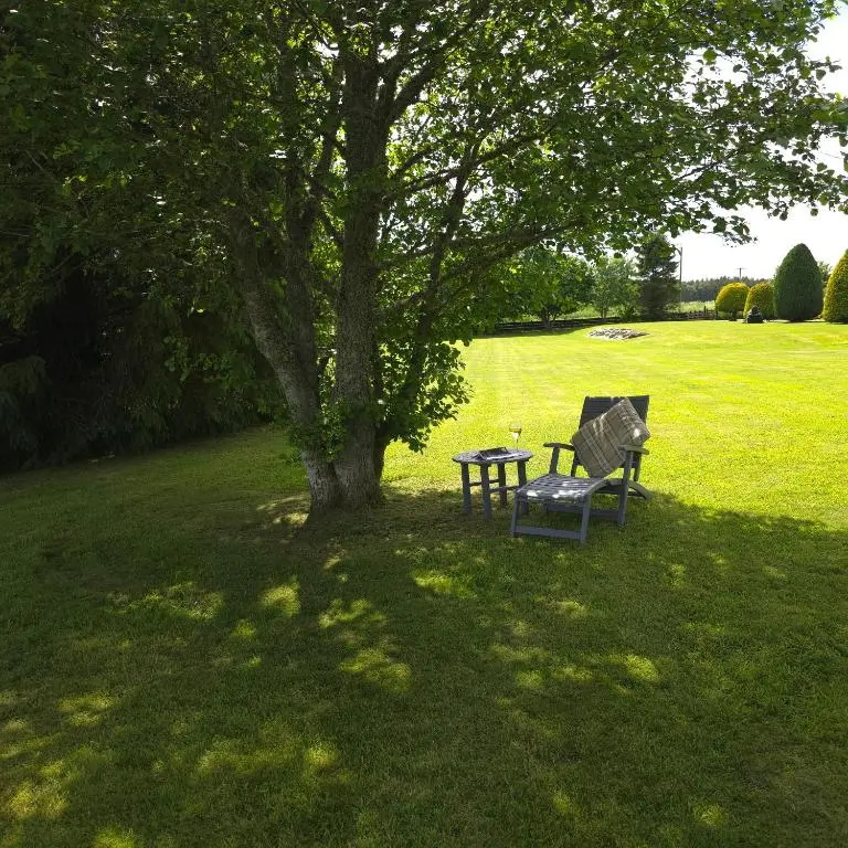 a bench and table under a tree in a field at Dail Daraich in Munlochy