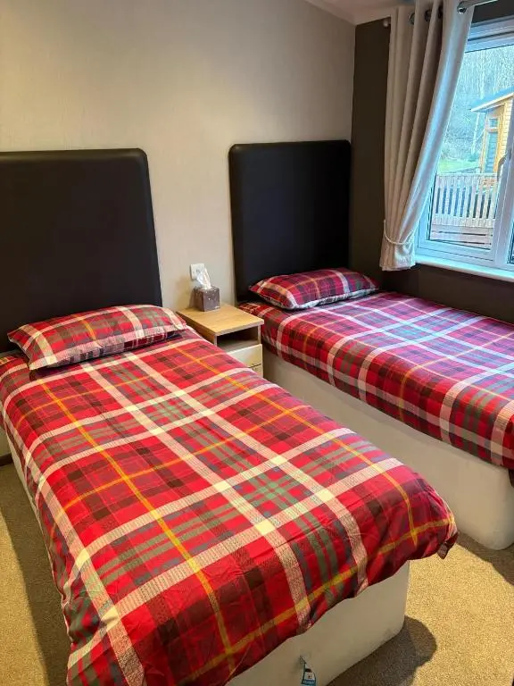 a bedroom with two beds and a window at Hepburns Lodge 19 in Strachan