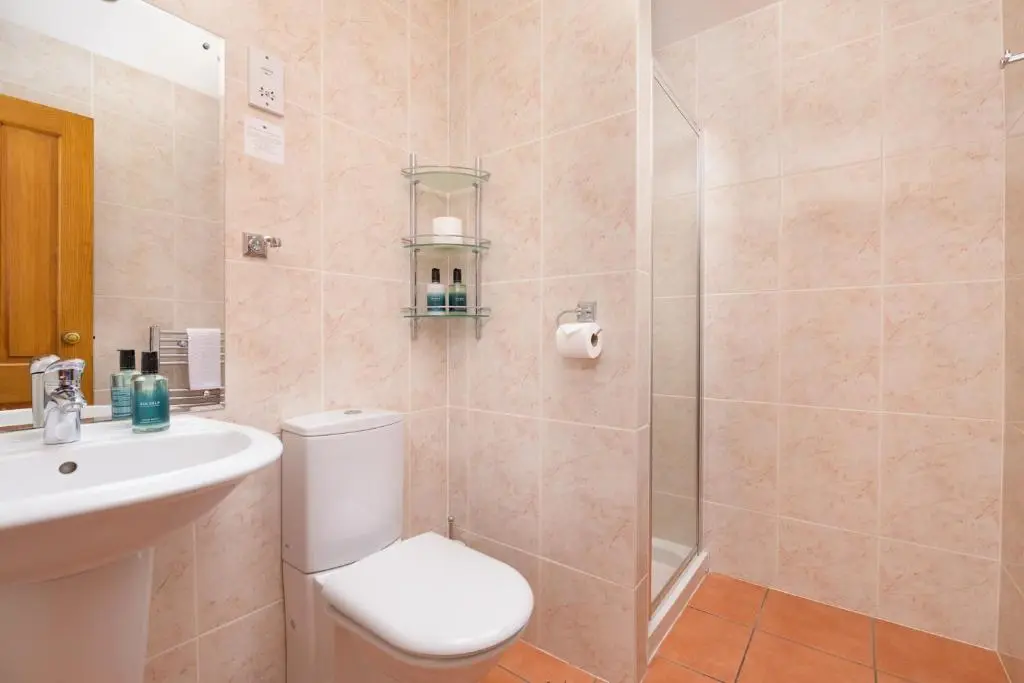 a bathroom with a shower and a toilet and a sink at Netherley Rooms in Ballater