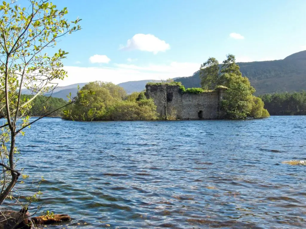 an island in the middle of a body of water at Heath Cottage in Boat of Garten
