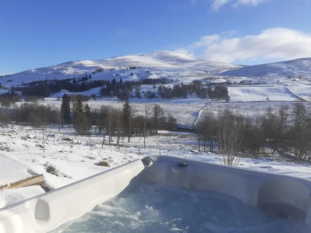a bath tub in a snow covered field with a mountain at Scots Pine Treehouse in Glenshee