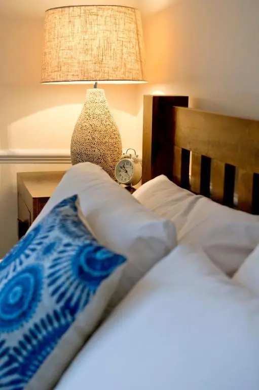 a bed with a blue and white pillow and a lamp at Springfield guest house in Tain