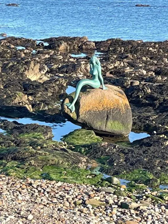 a statue of a woman sitting on a rock on the beach at Cosy fisherman cottage in seaside village in Shandwick