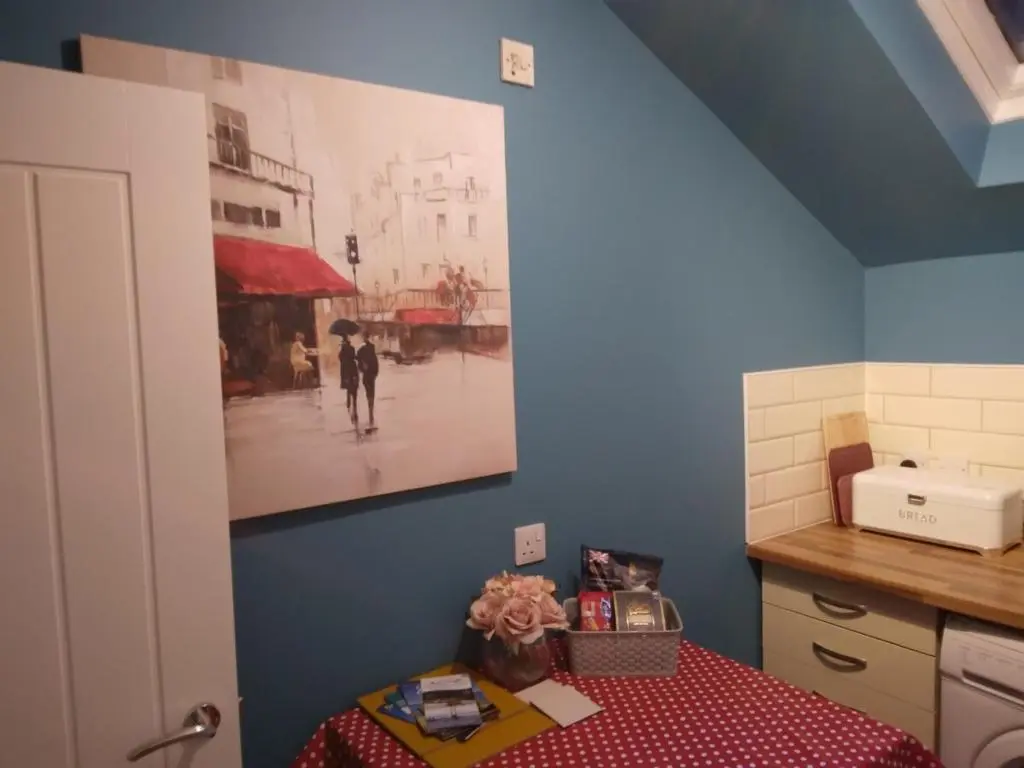 a kitchen with a painting on the wall at Cosy central 1 bedroom apartment, free parking in Inverness