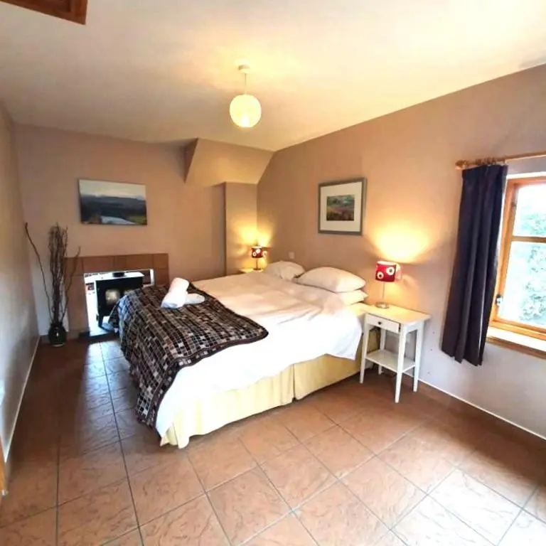 a bedroom with a large bed and a tv at The Bothy in Lumphanan