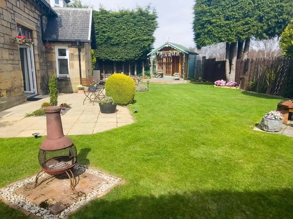a yard with a large vase in the grass at Birchview in Aviemore