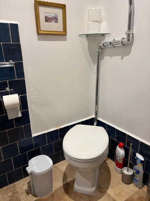 a bathroom with a white toilet and blue tiles at Garden Cottage in Cambus O\u02bcMay Station