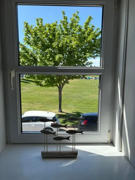 a window with two chairs and a tree in a room at 2 Links Place in Nairn