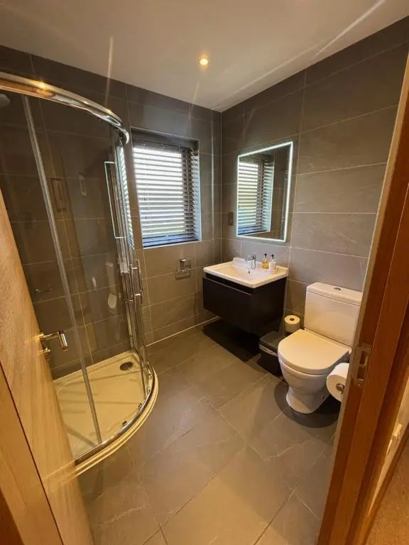 a bathroom with a shower and a toilet and a sink at Danian B&B in Dingwall