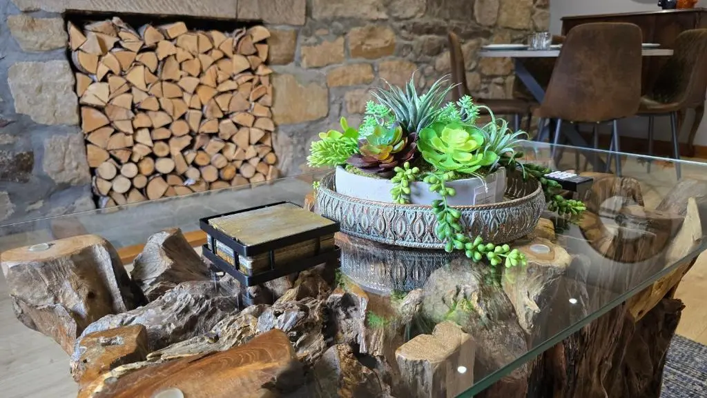 a glass table with plants on top of a tree stump at Stylish 1-Bed City Centre Flat in Inverness