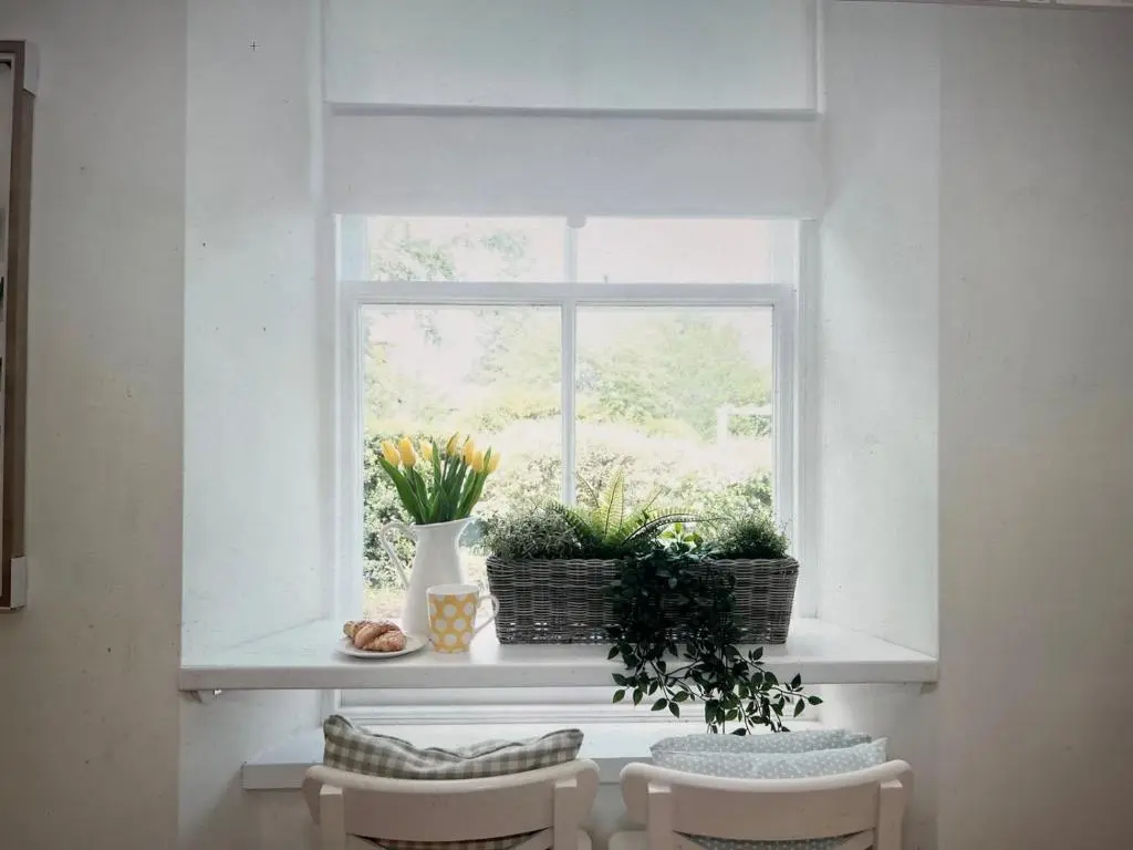 a window with two chairs and plants on a window sill at Craigen Cottage Ballater in Ballater