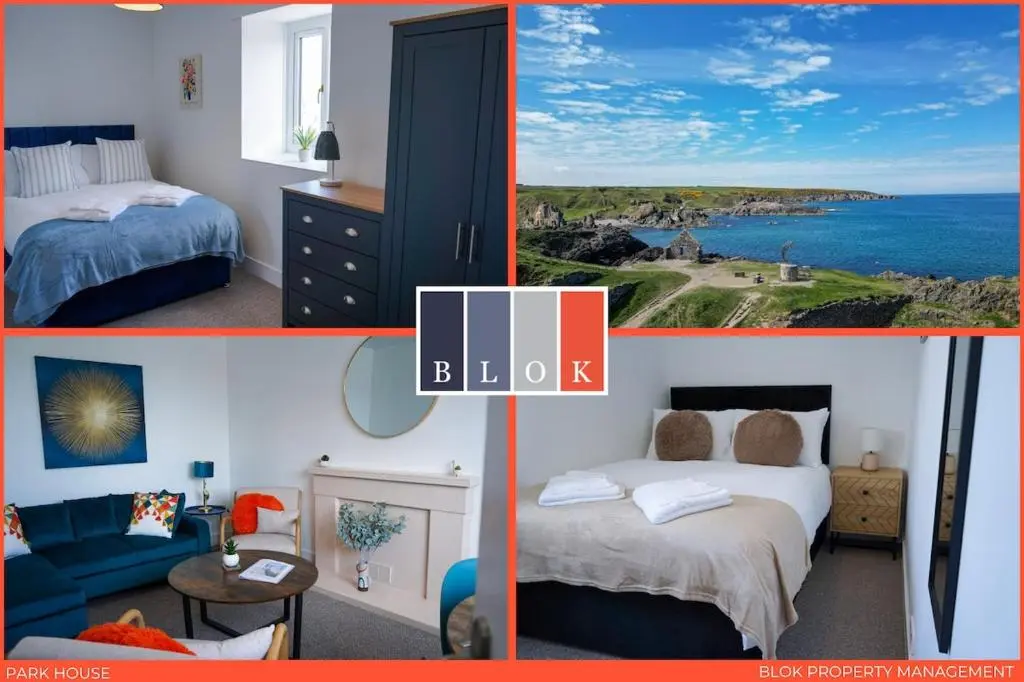 a collage of four pictures of a bedroom with a view of the ocean at Park House - 3 bedroom in Portsoy