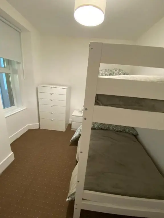 a bedroom with a bunk bed with a ladder at Struan Cottage in Knockandhu