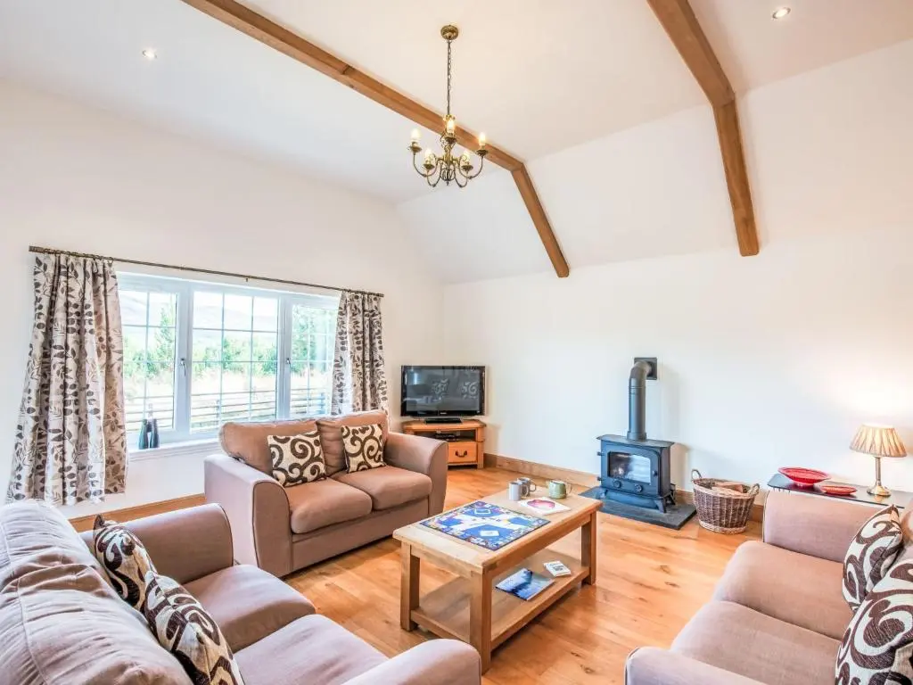 a living room with two couches and a fireplace at Holiday Home Mountain View Lodge by Interhome in Whitebridge